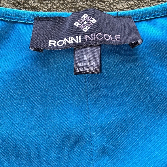 Ronni Nicole Teal Blue Lace Dress Coquette Eyelet Crochet Scoop Neck Midi Sheath - Picture 11 of 13